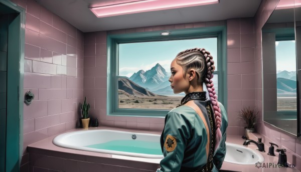 1girl,solo,long hair,jacket,upper body,pink hair,braid,multicolored hair,sky,day,indoors,dark skin,from behind,twin braids,from side,two-tone hair,dark-skinned female,window,plant,reflection,mirror,mountain,realistic,nose,potted plant,undercut,bathroom,bathtub,sink,earpiece,cactus,brown hair,jewelry,earrings,water,uniform,lips,makeup,piercing,lipstick,eyeshadow,faucet,soap bottle