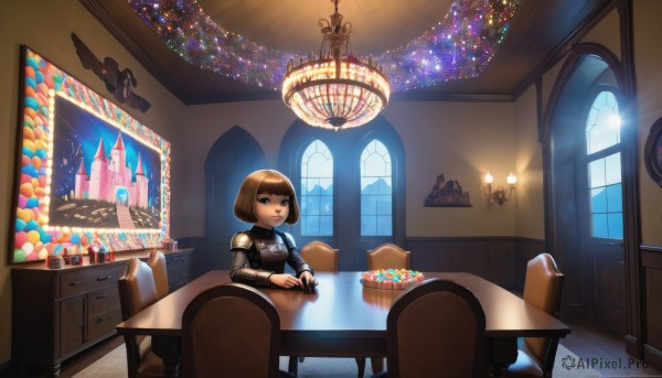 1girl,solo,looking at viewer,short hair,bangs,brown hair,long sleeves,holding,brown eyes,sitting,weapon,food,indoors,blunt bangs,armor,black eyes,lips,window,chair,table,bob cut,shoulder armor,scenery,pauldrons,breastplate,tiles,candle,fisheye,stained glass,chandelier,blue eyes,fantasy