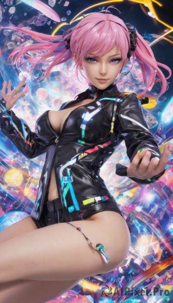 1girl,solo,long hair,breasts,looking at viewer,smile,bangs,blue eyes,large breasts,hair ornament,long sleeves,navel,cleavage,twintails,jewelry,medium breasts,closed mouth,jacket,pink hair,ahoge,thighs,shorts,shiny,belt,artist name,nail polish,shiny hair,lips,black jacket,fingernails,shiny skin,short shorts,thigh strap,floating hair,halo,black shorts,zipper,blue nails,science fiction,nose,zipper pull tab,cyberpunk,watermark,scrunchie,web address,floating,space,planet