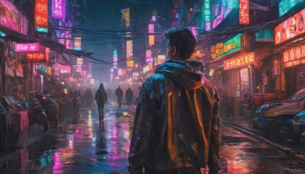 black hair, jacket, outdoors, multiple boys, solo focus, from behind, dutch angle, night, ground vehicle, building, scenery, motor vehicle, science fiction, rain, 6+boys, city, sign, realistic, car, road, motorcycle, street, cyberpunk, neon lights, crosswalk