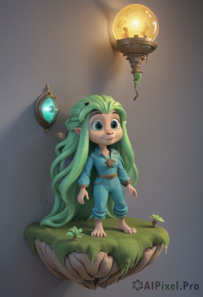 1girl,solo,long hair,smile,blue eyes,hair ornament,very long hair,green eyes,standing,full body,flower,green hair,barefoot,pointy ears,belt,grey background,grass,light,lamp,mushroom,jumpsuit,long sleeves,pants,leaf,blue shirt,plant,floating,faux figurine