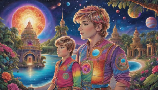 1girl,blush,smile,short hair,brown hair,shirt,1boy,brown eyes,upper body,flower,outdoors,multiple boys,sky,2boys,water,vest,tree,night,headband,rose,siblings,moon,plant,red flower,building,child,star (sky),night sky,starry sky,red rose,height difference,male child,planet,castle,waterfall,fountain,hair ornament,male focus,artist name,leaf,scenery,pink flower,fantasy,palm tree,lake