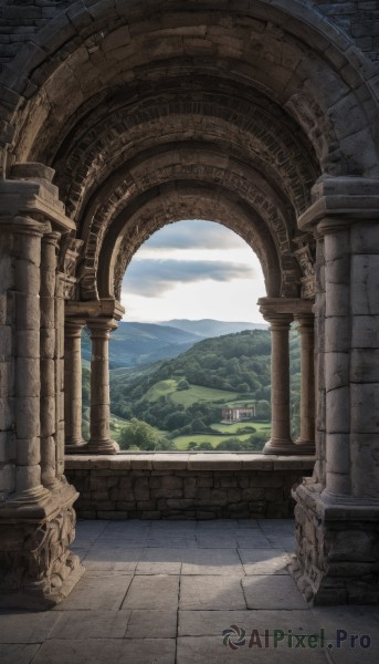 outdoors,sky,day,cloud,tree,blue sky,no humans,sunlight,cloudy sky,building,nature,scenery,stairs,mountain,road,architecture,ruins,bridge,pillar,landscape,arch,column,wall