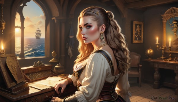 1girl,solo,long hair,breasts,looking at viewer,blue eyes,blonde hair,brown hair,shirt,hair ornament,long sleeves,jewelry,medium breasts,white shirt,upper body,earrings,parted lips,sky,puffy sleeves,looking back,cloud,indoors,water,necklace,hair bun,bracelet,from side,lips,looking to the side,grey eyes,book,eyelashes,makeup,ocean,wavy hair,chair,table,sunlight,single hair bun,fire,corset,desk,puffy long sleeves,half updo,sunset,wooden floor,open book,nose,red lips,lamp,candle,watercraft,hair pulled back,book stack,ship,picture frame,boat,painting (object),mascara,quill,candlestand,wooden table,candlelight,hairclip,window,lipstick,realistic,sun