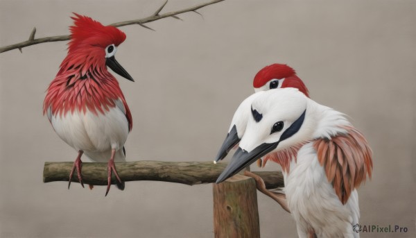 simple background,closed mouth,grey background,black eyes,from side,tree,no humans,bird,animal,feathers,brown background,realistic,branch,animal focus,chicken,beak,looking at viewer,standing,full body,pokemon (creature),wood