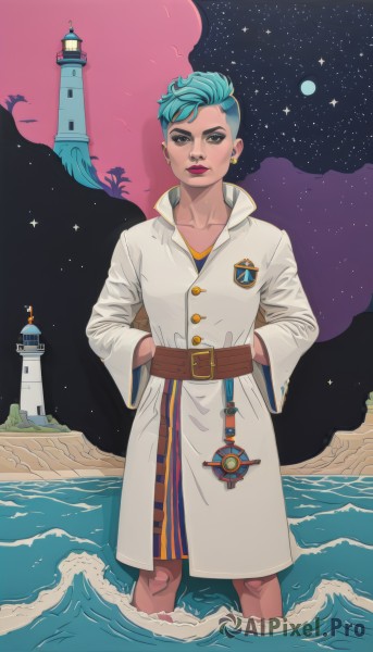 1girl,solo,looking at viewer,short hair,1boy,brown eyes,jewelry,blue hair,standing,male focus,earrings,sky,belt,water,coat,aqua hair,makeup,night,ocean,moon,lipstick,star (sky),night sky,full moon,wading,starry sky,hands in pockets,undercut,planet,long coat,castle,waves,lighthouse,lips,arms behind back,buckle,robe,belt buckle,very short hair,tower