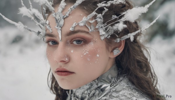 1girl,solo,long hair,looking at viewer,blue eyes,brown hair,jewelry,closed mouth,earrings,blurry,lips,grey eyes,blurry background,portrait,snow,freckles,snowing,realistic,nose,branch,winter,eyelashes,expressionless,close-up