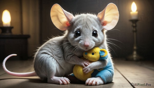 HQ,solo,looking at viewer,blue eyes,holding,closed mouth,full body,indoors,blurry,black eyes,no humans,blurry background,animal,stuffed toy,cat,stuffed animal,realistic,candle,animal focus,mouse,whiskers,sitting,tail,hug,watermark,web address,mouse tail,white fur