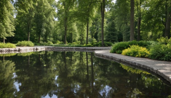 outdoors,sky,day,water,tree,no humans,sunlight,grass,nature,scenery,forest,reflection,road,bush,bridge,river,railroad tracks,blue sky,plant,reflective water