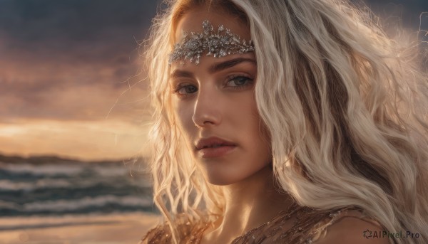 1girl,solo,long hair,looking at viewer,blonde hair,brown eyes,jewelry,white hair,outdoors,parted lips,sky,teeth,artist name,cloud,signature,water,blurry,lips,grey eyes,eyelashes,depth of field,blurry background,ocean,wavy hair,tiara,portrait,curly hair,circlet,realistic,nose,head chain,necklace,beach,close-up,sunset