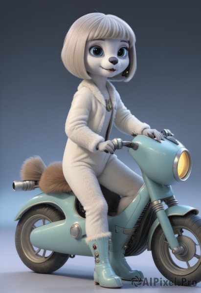 1girl,solo,looking at viewer,smile,short hair,bangs,blue eyes,blonde hair,animal ears,jewelry,tail,full body,white hair,earrings,boots,artist name,blunt bangs,necklace,gradient,gradient background,bodysuit,blue background,bob cut,ring,ground vehicle,motor vehicle,furry,broom,white skin,blue footwear,furry female,riding,body fur,white fur,motorcycle,animal nose,open mouth,coat,fur trim,genderswap,genderswap (mtf),zipper,fur-trimmed boots,scooter