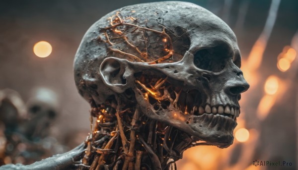 solo,teeth,blurry,from side,no humans,blurry background,glowing,moon,fire,robot,1other,full moon,science fiction,skull,realistic,skeleton,damaged,profile,depth of field,smoke,planet