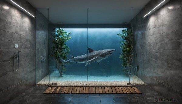 indoors,water,tree,no humans,window,plant,scenery,fish,underwater,door,tiles,wall,locker,ceiling,hallway,shark,whale,ceiling light,tile floor