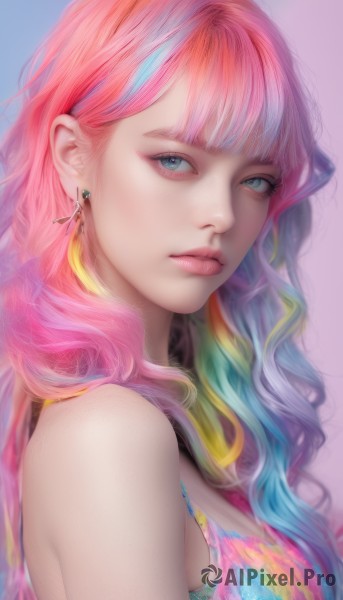 1girl,solo,long hair,breasts,looking at viewer,bangs,blue eyes,simple background,bare shoulders,jewelry,medium breasts,closed mouth,blue hair,upper body,pink hair,multicolored hair,earrings,sleeveless,blunt bangs,from side,two-tone hair,lips,gradient,looking to the side,gradient background,eyelashes,gradient hair,makeup,wavy hair,feathers,multicolored clothes,eyeshadow,pink lips,realistic,nose,eyeliner,mascara,rainbow hair,parted lips,artist name,necklace,bra,aqua eyes,streaked hair,aqua hair,blue background,expressionless,purple background