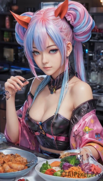 1girl,solo,long hair,breasts,looking at viewer,smile,bangs,blue eyes,holding,animal ears,cleavage,bare shoulders,jewelry,medium breasts,closed mouth,blue hair,collarbone,upper body,pink hair,sidelocks,multicolored hair,earrings,detached sleeves,food,horns,belt,indoors,signature,off shoulder,hair bun,nail polish,blurry,bracelet,two-tone hair,lips,fingernails,grey eyes,strapless,double bun,detached collar,depth of field,blurry background,piercing,ear piercing,black nails,plate,bowl,chopsticks,realistic,cone hair bun,noodles,hair ornament,twintails,jacket,artist name,open jacket,streaked hair,gradient hair,fruit,eating,table,spoon,nose,fork,light blue hair,pink jacket,carrot,holding spoon,bustier,tomato,shrimp,salad