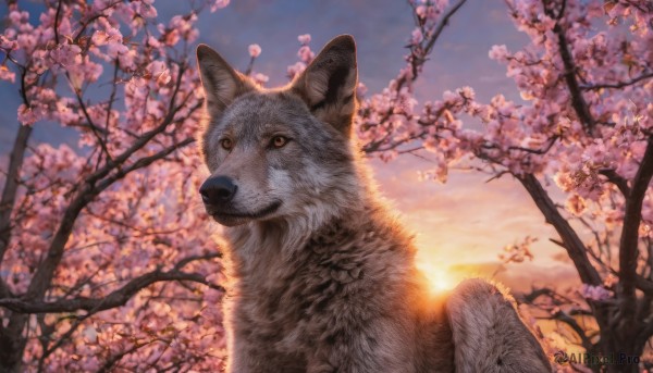 outdoors, sky, tree, blue sky, no humans, animal, cherry blossoms, sunset, realistic, sun, branch, animal focus, twilight, gradient sky, sunrise, spring (season)