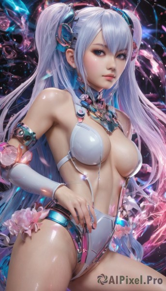 1girl,solo,long hair,breasts,looking at viewer,bangs,blue eyes,hair ornament,navel,cleavage,bare shoulders,twintails,medium breasts,very long hair,flower,thighs,cowboy shot,parted lips,detached sleeves,shiny,artist name,nail polish,shiny hair,leotard,two side up,lips,fingernails,shiny skin,detached collar,headgear,revealing clothes,breasts apart,skin tight,science fiction,shiny clothes,realistic,nose,center opening,blue hair,armlet