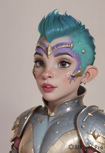 1girl,solo,looking at viewer,short hair,simple background,brown eyes,jewelry,blue hair,upper body,earrings,parted lips,teeth,armor,lips,eyelashes,aqua hair,makeup,lipstick,shoulder armor,portrait,eyeshadow,freckles,brown background,pauldrons,circlet,breastplate,nose,mascara,green hair,artist name,grey background,very short hair