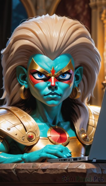 1girl,solo,long hair,looking at viewer,blue eyes,brown hair,jewelry,upper body,earrings,pointy ears,artist name,armor,lips,makeup,colored skin,facial mark,shoulder armor,portrait,pauldrons,blue skin,facepaint,computer,shoulder pads,laptop,alien,1boy,closed mouth,collarbone,white hair,male focus,teeth,shiny,v-shaped eyebrows,mask,serious,hoop earrings,nose,furrowed brow,multicolored skin