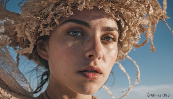 1girl,solo,looking at viewer,blue eyes,brown hair,black hair,hat,brown eyes,outdoors,parted lips,sky,day,cloud,mole,blurry,blue sky,lips,grey eyes,blurry background,thick eyebrows,portrait,freckles,realistic,nose,brown headwear,straw hat,mole above mouth,mole on cheek,long hair,teeth,choker,eyelashes,wind,close-up