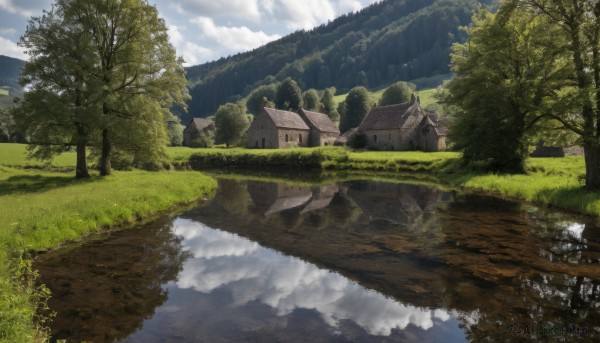 outdoors,sky,day,cloud,water,tree,blue sky,no humans,cloudy sky,grass,building,nature,scenery,forest,reflection,mountain,road,house,bridge,river,landscape,path,bush,lake,reflective water