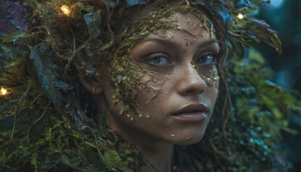 1girl,solo,looking at viewer,blue eyes,brown hair,hair ornament,parted lips,blurry,lips,eyelashes,depth of field,blurry background,leaf,plant,portrait,close-up,freckles,realistic,nose,long hair,black hair,jewelry,mole,mole under mouth