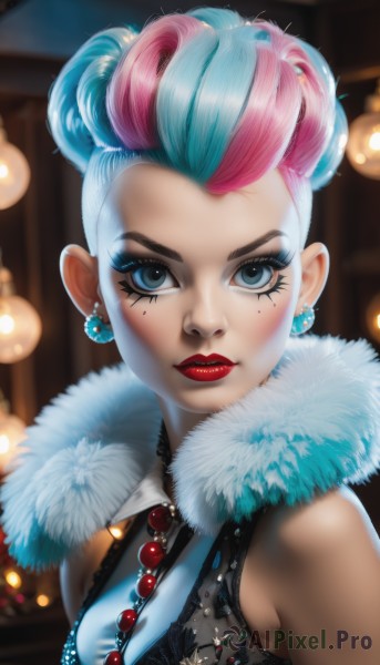 1girl,solo,breasts,looking at viewer,short hair,blue eyes,bare shoulders,jewelry,medium breasts,closed mouth,blue hair,upper body,pink hair,multicolored hair,earrings,sleeveless,artist name,necklace,hair bun,mole,blurry,two-tone hair,lips,streaked hair,fur trim,eyelashes,mole under eye,makeup,depth of field,blurry background,lipstick,gem,eyeshadow,beads,fur collar,nose,red lips,eyeliner,bokeh,mascara,parted lips,watermark,pearl necklace