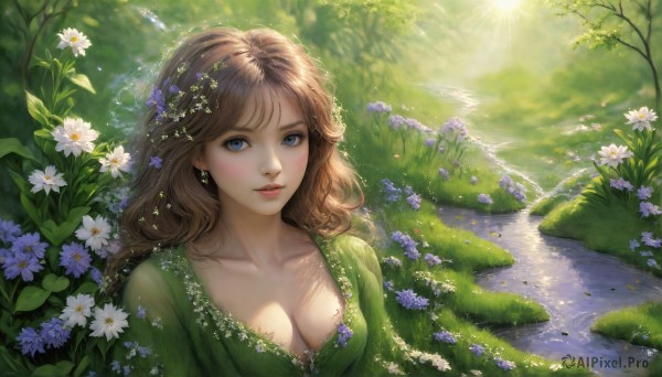 HQ,1girl,solo,long hair,breasts,looking at viewer,smile,bangs,blue eyes,brown hair,hair ornament,dress,cleavage,jewelry,medium breasts,collarbone,upper body,flower,earrings,outdoors,parted lips,day,hair flower,water,tree,lips,eyelashes,makeup,leaf,sunlight,grass,plant,nature,forest,green dress,light rays,realistic,nose,dappled sunlight,river,daisy,pond,stream,blush,from above,white flower,scenery,pink lips,purple flower,red lips