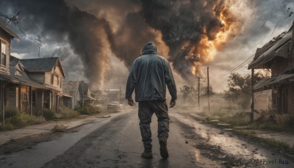 solo, 1boy, jacket, male focus, outdoors, sky, pants, cloud, hood, from behind, tree, fire, building, scenery, smoke, walking, road, house, power lines, street, utility pole, burning