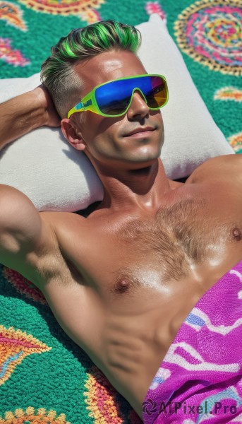 solo,looking at viewer,smile,short hair,black hair,1boy,closed mouth,nipples,upper body,male focus,multicolored hair,lying,green hair,shiny,dark skin,on back,armpits,lips,muscular,facial hair,abs,sunglasses,dark-skinned male,pectorals,muscular male,bara,large pectorals,arm behind head,topless male,realistic,chest hair,armpit hair,arm hair,hairy,beard