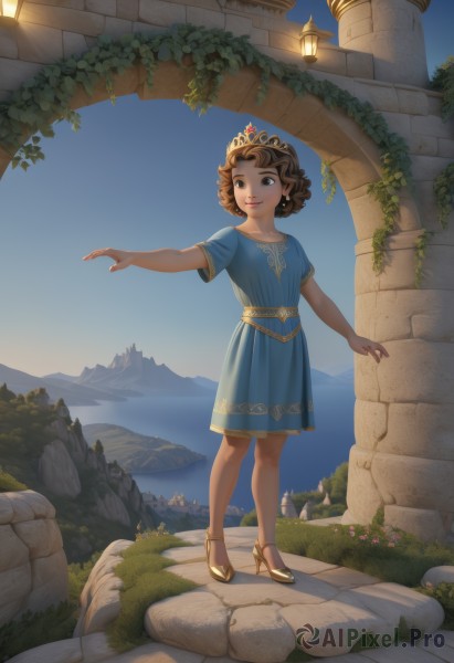 1girl,solo,smile,short hair,brown hair,dress,brown eyes,jewelry,closed mouth,standing,full body,flower,short sleeves,earrings,outdoors,sky,day,water,black eyes,high heels,lips,night,blue dress,grass,tiara,crown,plant,outstretched arm,scenery,curly hair,fantasy,breasts,collarbone,small breasts,artist name,blue sky,sash,watermark,sandals,pink flower,gold trim,lantern,rock,outstretched hand,vines,yellow footwear,stone wall,gold footwear