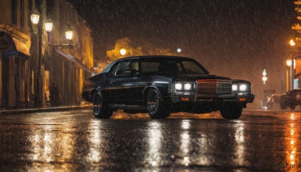 outdoors,water,no humans,night,ground vehicle,building,scenery,motor vehicle,reflection,rain,city,car,light,road,vehicle focus,lamppost,street,puddle,lights,sports car,sky,blurry,tree,wet,night sky,water drop