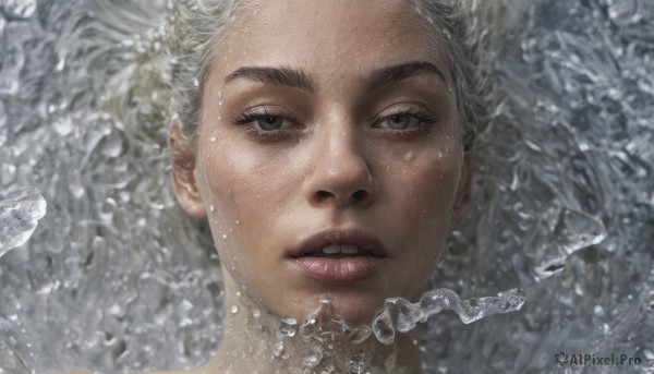 1girl,solo,looking at viewer,short hair,open mouth,1boy,grey hair,male focus,parted lips,teeth,water,black eyes,lips,wet,grey eyes,portrait,close-up,partially submerged,bubble,water drop,realistic,nose,white hair,eyelashes,floating hair