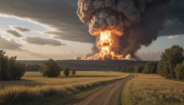 outdoors,sky,day,cloud,tree,no humans,cloudy sky,grass,fire,nature,scenery,forest,smoke,road,bush,field,explosion,landscape,blue sky,horizon