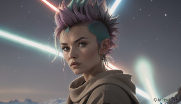 1girl,solo,looking at viewer,short hair,brown eyes,jewelry,upper body,pink hair,purple hair,braid,multicolored hair,earrings,outdoors,green hair,sky,hood,two-tone hair,lips,night,hood down,spiked hair,portrait,star (sky),night sky,starry sky,realistic,nose,undercut,shooting star,mohawk,black hair,blue hair,scarf,from side,lightsaber