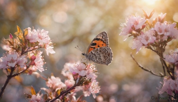 flower, outdoors, day, blurry, tree, no humans, depth of field, blurry background, bug, cherry blossoms, butterfly, scenery, realistic, branch, still life, spring (season)