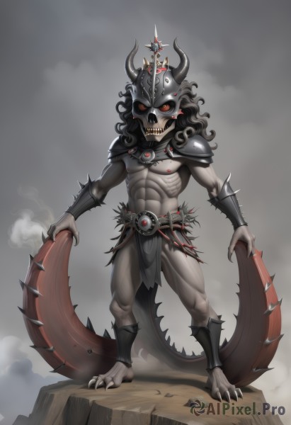 solo,long hair,black hair,red eyes,1boy,holding,jewelry,standing,tail,full body,weapon,male focus,horns,teeth,armor,mask,muscular,abs,helmet,sharp teeth,shoulder armor,claws,pelvic curtain,spikes,pauldrons,skull,loincloth,monster boy,glowing,glowing eyes,smoke,rock