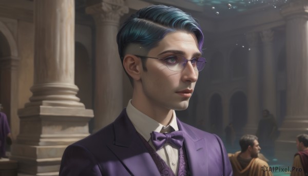 short hair,shirt,black hair,bow,jewelry,closed mouth,green eyes,blue hair,jacket,white shirt,upper body,male focus,earrings,parted lips,multiple boys,glasses,solo focus,collared shirt,indoors,bowtie,cape,vest,lips,looking to the side,dress shirt,facial hair,formal,suit,6+boys,purple bow,realistic,mustache,purple jacket,purple bowtie,pillar,statue,column,1boy,portrait,beard