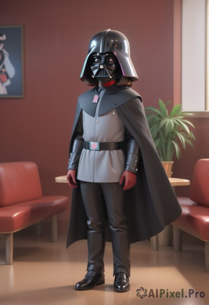 1girl,solo,brown hair,black hair,gloves,1boy,standing,full body,male focus,shoes,belt,pants,indoors,cape,black footwear,armor,mask,chair,black pants,table,helmet,plant,couch,cloak,red gloves,arms at sides,black cape,potted plant,superhero,gas mask,helm,looking at viewer,glowing,science fiction,energy sword,lightsaber