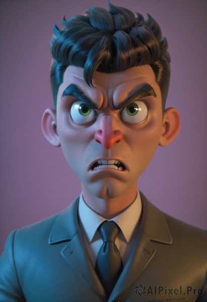 solo,looking at viewer,short hair,open mouth,bangs,simple background,brown hair,shirt,black hair,1boy,green eyes,jacket,white shirt,upper body,male focus,necktie,teeth,collared shirt,artist name,formal,thick eyebrows,suit,clenched teeth,portrait,black necktie,angry,purple background,signature,serious,realistic