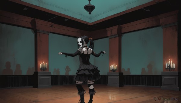 1girl,solo,looking at viewer,skirt,black hair,hair ornament,thighhighs,gloves,dress,bare shoulders,twintails,standing,full body,ponytail,boots,frills,detached sleeves,solo focus,choker,black gloves,elbow gloves,looking back,black thighhighs,indoors,fingerless gloves,from behind,nail polish,black footwear,black dress,high heels,mask,black choker,knee boots,black nails,corset,lolita fashion,gothic lolita,candle,gothic,long hair,open mouth,black eyes,outstretched arms,silhouette