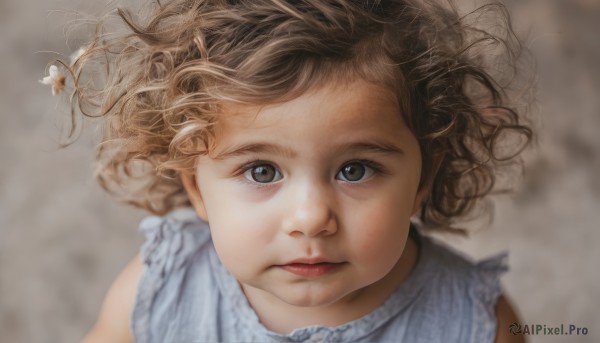 1girl,solo,looking at viewer,short hair,brown hair,hair ornament,brown eyes,closed mouth,upper body,flower,frills,sleeveless,hair flower,blurry,lips,floating hair,blurry background,wind,messy hair,child,portrait,curly hair,realistic,dress,close-up