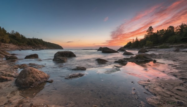 A idyllic landscape within a lush sunset outdoors
