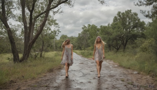 long hair,breasts,short hair,multiple girls,blonde hair,brown hair,dress,holding,2girls,jacket,outdoors,sky,day,cloud,bag,white dress,tree,sleeveless dress,holding hands,sandals,cloudy sky,grass,nature,scenery,walking,running,handbag,realistic,sundress,road,1girl,hat,see-through,path