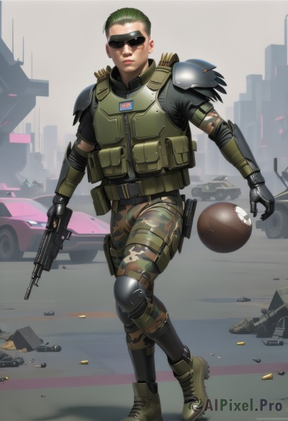 solo,gloves,1boy,holding,full body,weapon,male focus,boots,green hair,pants,holding weapon,armor,uniform,vest,lips,gun,military,sunglasses,ground vehicle,shoulder armor,holding gun,motor vehicle,rifle,handgun,ball,walking,science fiction,city,realistic,car,assault rifle,knee pads,shoulder pads,camouflage,explosive,elbow pads,bullet,soldier,combat boots,bulletproof vest,camouflage pants,body armor,short hair,closed mouth,outdoors,building,bullpup,cyberpunk