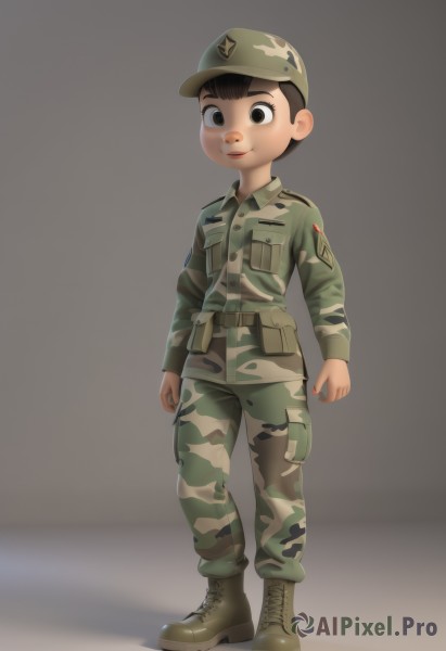 solo,looking at viewer,smile,short hair,simple background,brown hair,black hair,long sleeves,1boy,hat,brown eyes,closed mouth,standing,jacket,full body,male focus,boots,pants,grey background,uniform,black eyes,military,military uniform,helmet,bandaid,military hat,male child,camouflage,combat boots,camouflage jacket,camouflage pants,belt,child,world war ii,soldier,camouflage headwear