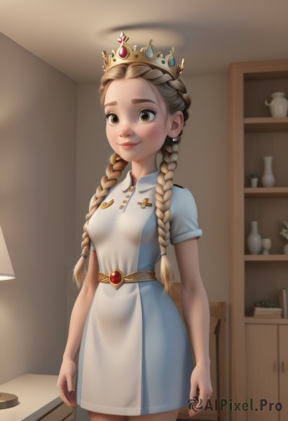 1girl,solo,long hair,breasts,looking at viewer,smile,blonde hair,brown hair,dress,brown eyes,jewelry,closed mouth,standing,braid,short sleeves,cowboy shot,earrings,small breasts,belt,indoors,white dress,twin braids,lips,loli,blue dress,short dress,crown,gem,child,hair over shoulder,forehead,freckles,arms at sides,shelf,cabinet,blush,blurry,thick eyebrows,nose,jar