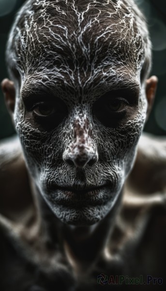 solo,looking at viewer,1boy,brown eyes,male focus,blurry,mask,depth of field,blurry background,portrait,realistic,short hair,black hair,closed mouth,close-up,very short hair