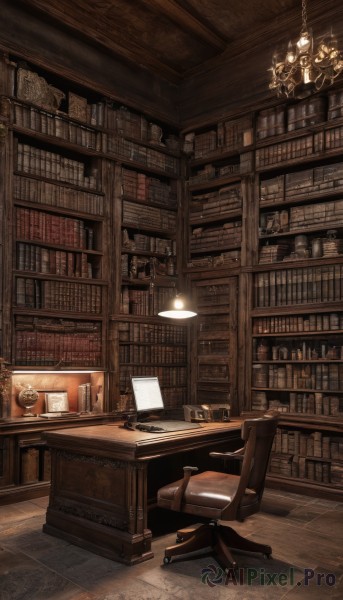 indoors,cup,book,no humans,chair,table,bottle,scenery,desk,wooden floor,paper,bookshelf,tiles,light,lamp,candle,computer,tile floor,stool,shelf,laptop,book stack,library,ceiling,ladder,quill,ceiling light,chandelier,globe,candlestand