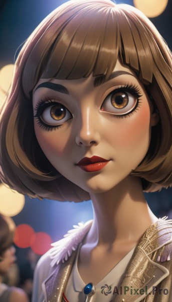 1girl,solo,looking at viewer,short hair,bangs,brown hair,shirt,brown eyes,jewelry,closed mouth,collarbone,jacket,upper body,solo focus,artist name,necklace,blurry,lips,eyelashes,makeup,depth of field,blurry background,bob cut,thick eyebrows,lipstick,portrait,close-up,pendant,nose,red lips,bokeh,mascara,blush,white shirt,blunt bangs,eyeshadow